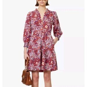 ME+EM Batik Floral Print Short Slub Dress Sz 10 Orange Blue White Beachy Boho